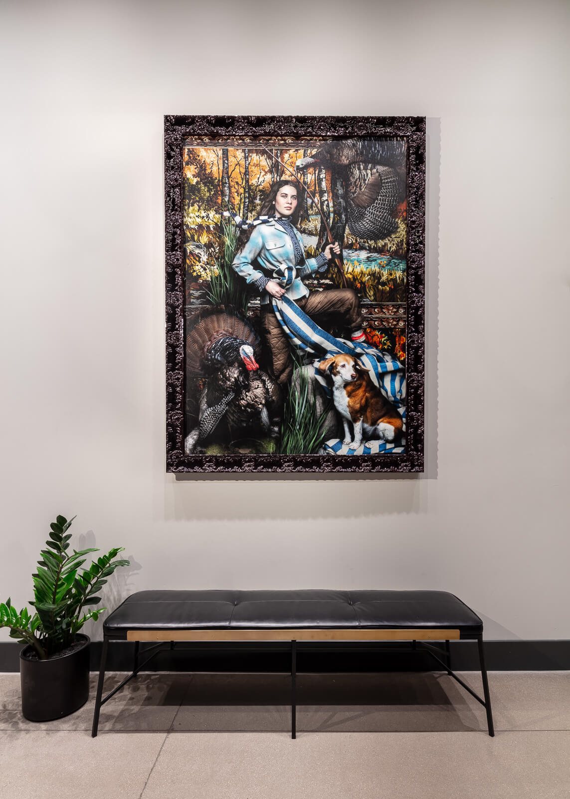 Custom Mural of woman, turkeys, and dog in ornate frame